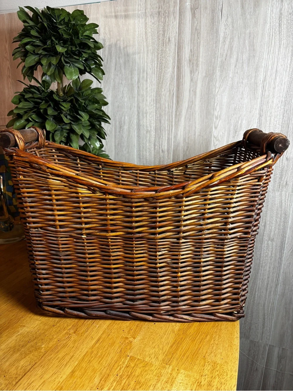 Large Handwoven Wicker Storage Basket with Rustic Rolled Handles Farmhouse Decor